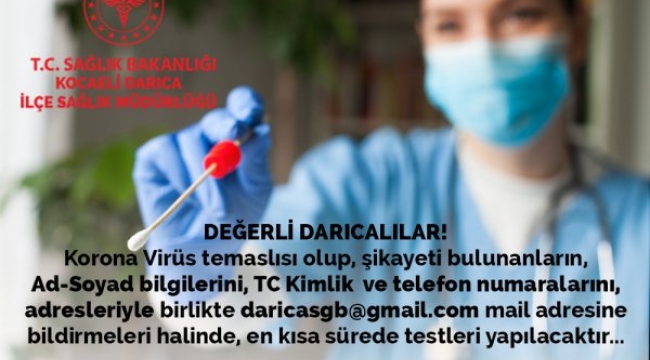 Darıca'da e-mail üzerinden test talebi yapılabilecek!