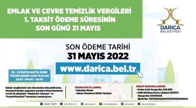 Darıca'da Emlak Vergisi 1. taksit ödemeleri için son gün 31 Mayıs