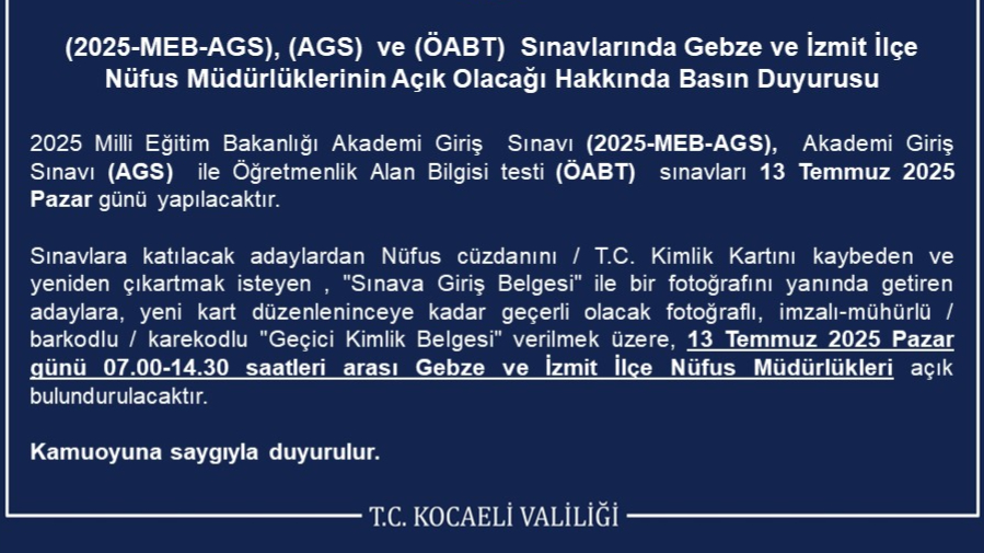 Sınav işlemler için pazar günü Nüfus Müdürlükleri açık olacak