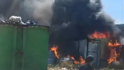 Otluk alanda çıkarak geri dönüşüm deposuna sıçrayan yangın 1,5 saat sonra söndürüldü !