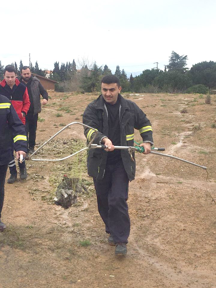 İnşaat çukurunda mahsur kalan tavuğu itfaiye kurtardı